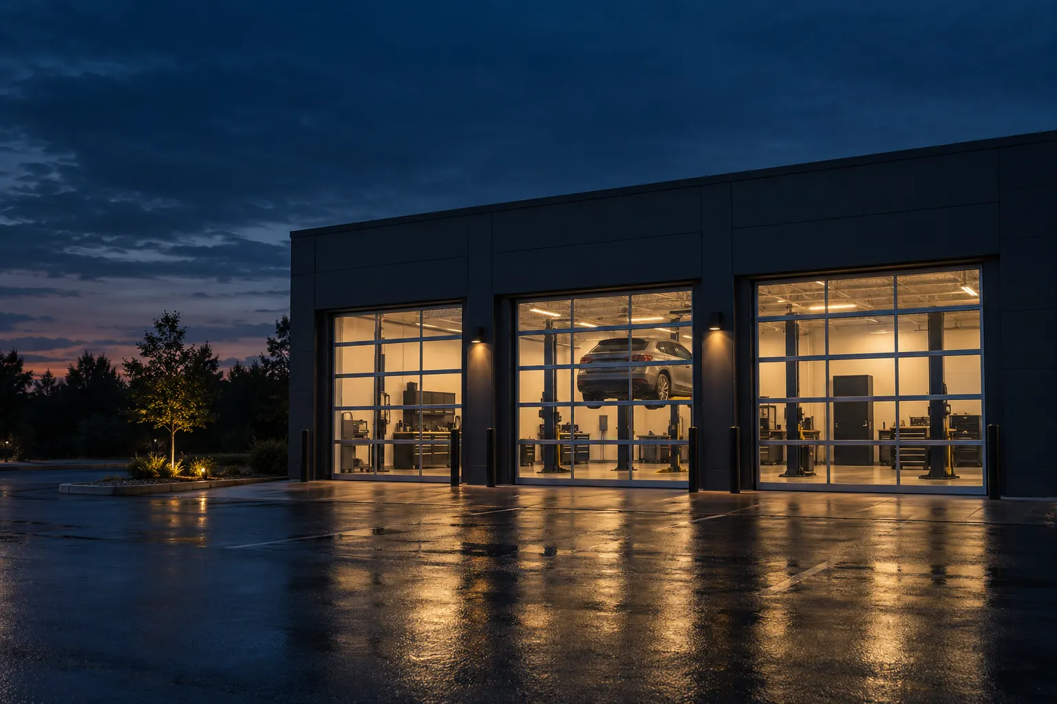 A quiet auto service shop at dusk, bay doors glowing with warm light